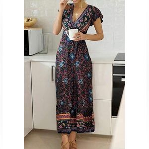 Bohemian Floral Printed Wrap V Neck Short Sleeve Split Beach Party Maxi Dress